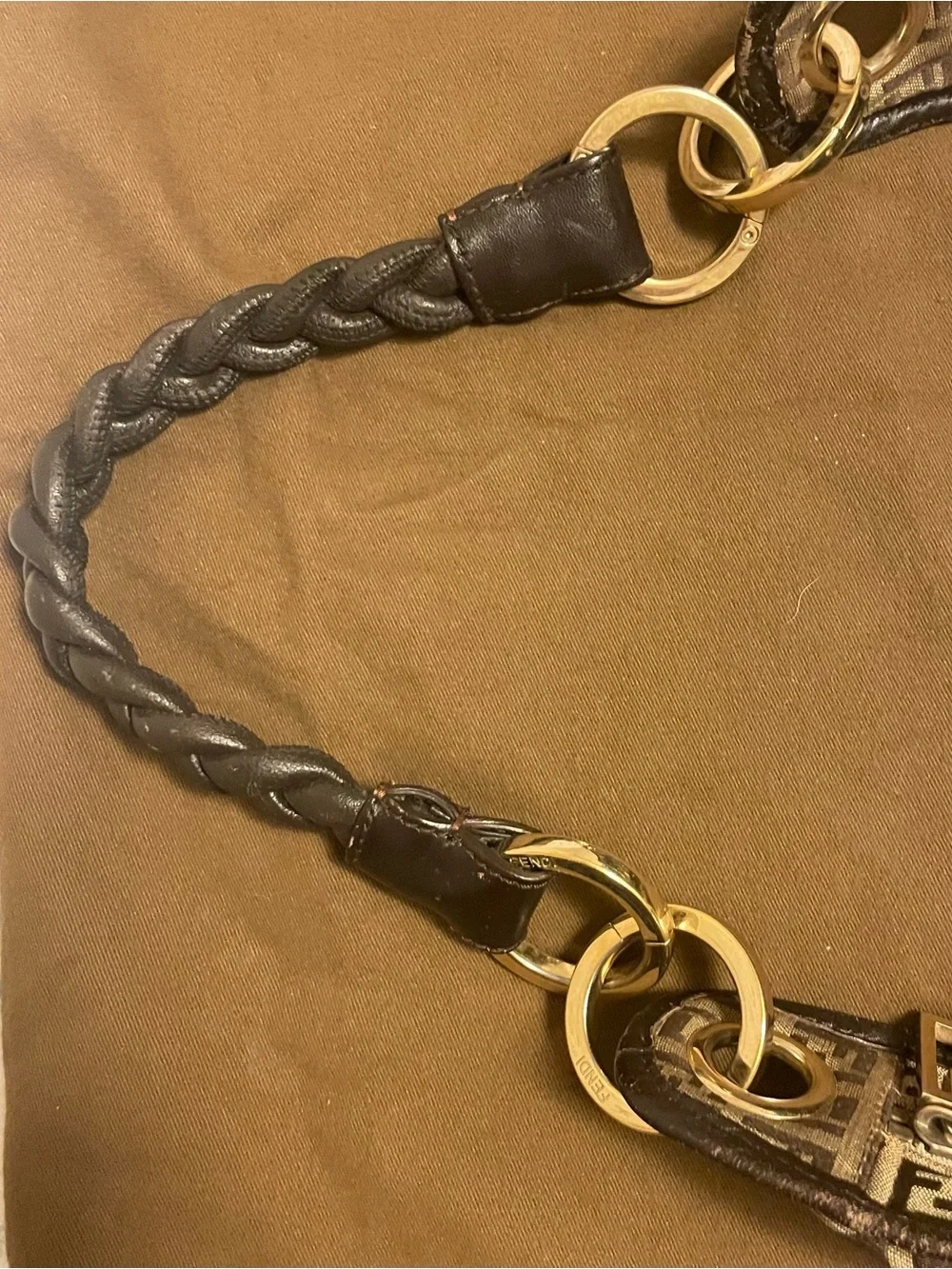 Fendi Brown Monogram Hobo with Braided leather Handle and Gold Hardware